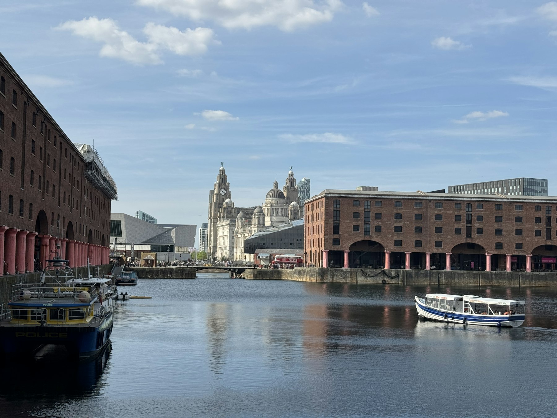 The Royal Albert Dock in Liverpool, with the Royal Liver Building behind